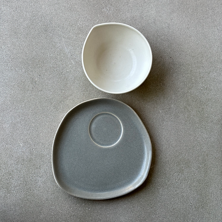 TQD Bowl & Saucer with Indent / Earthstone and White