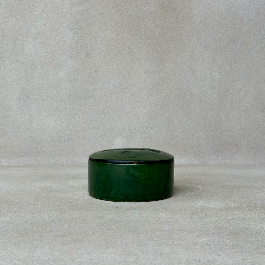 African Round Green Leather Box W/Lid