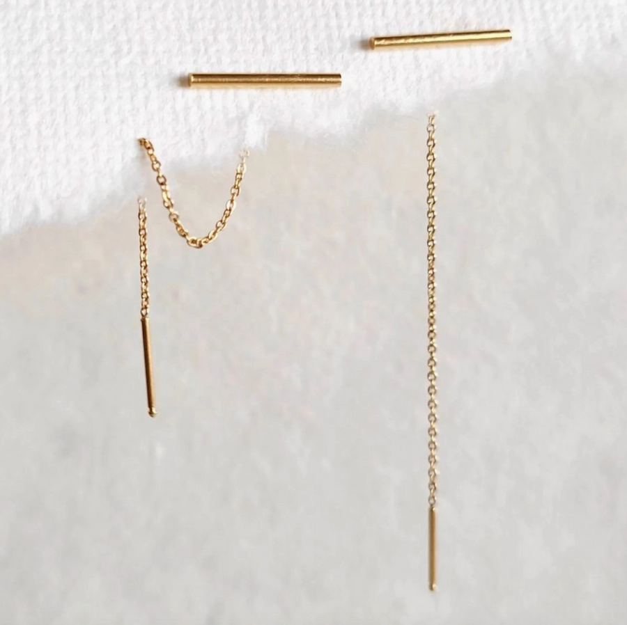 18 Kt Gold Plated Bar Chain Mini Threader Earrings