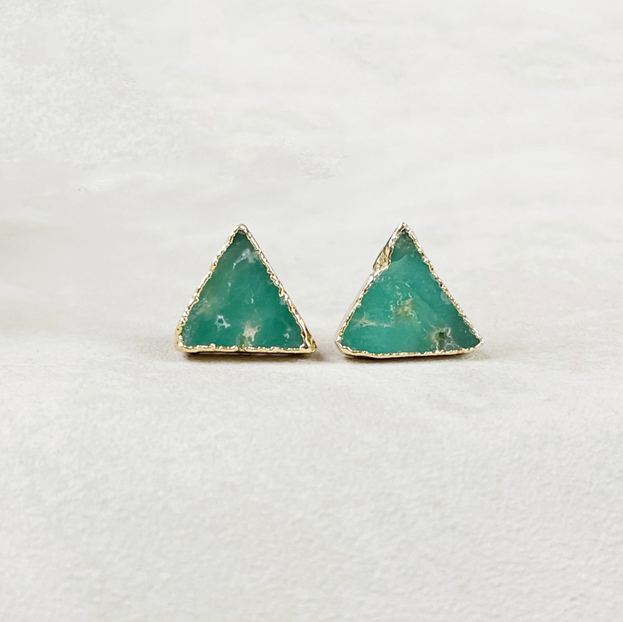Gold Green Australian Chrysoprase Triangle Stud Earrings
