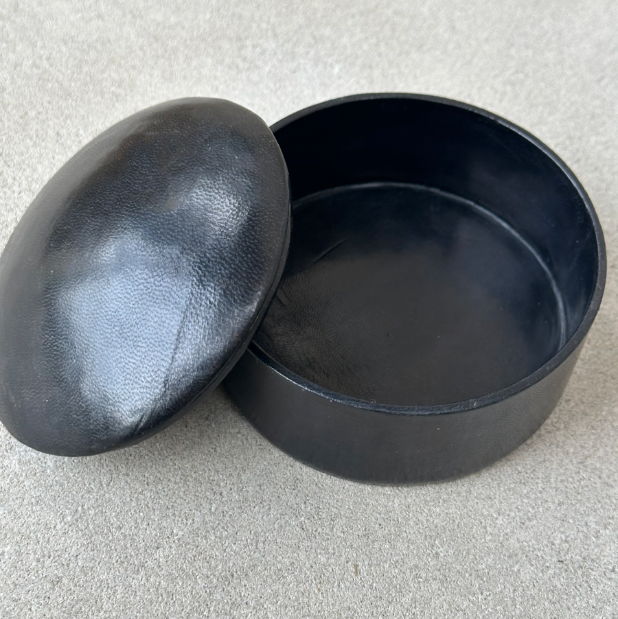 African small round leather box / black