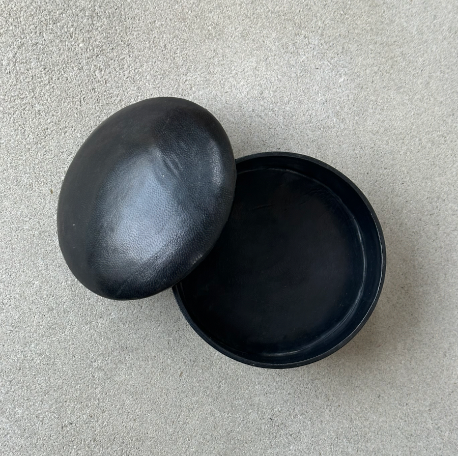 African small round leather box / black