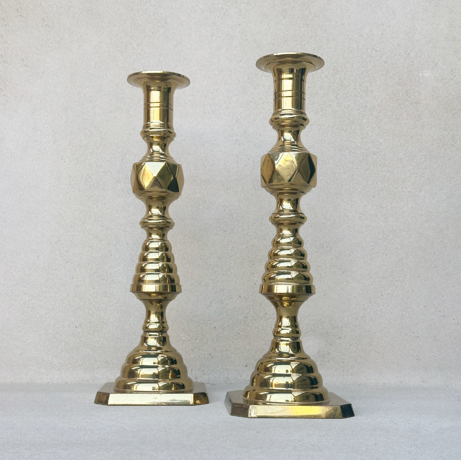 Pair of Vintage Brass Beehive Candlesticks