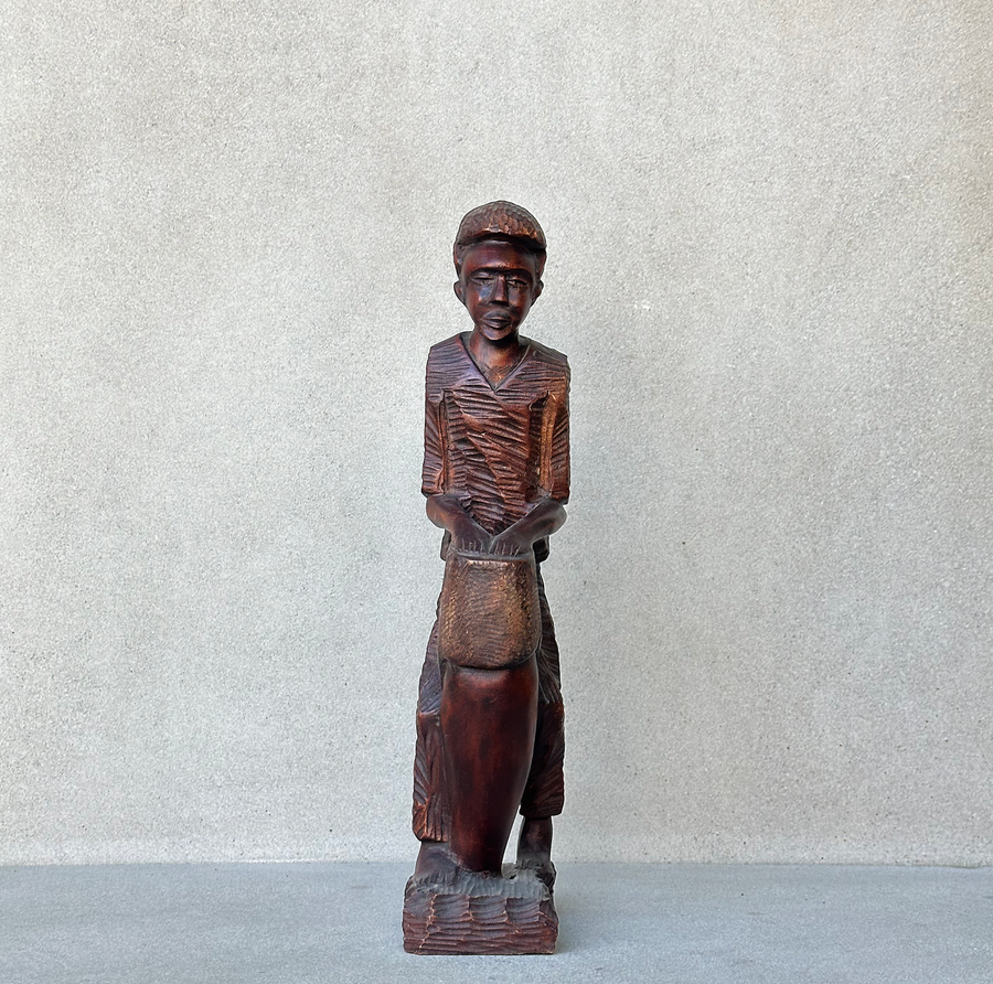 Hand Carved African Wood Figure Drumming