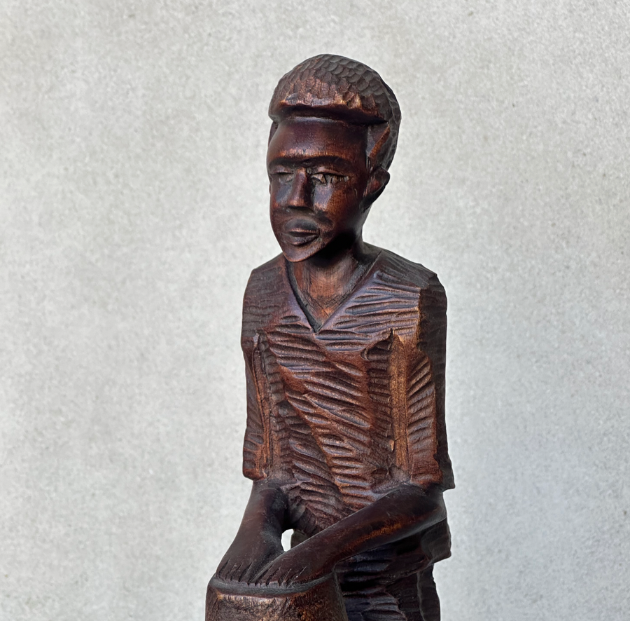 Hand Carved African Wood Figure Drumming
