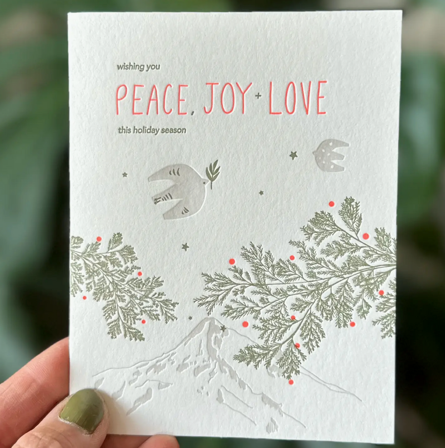 Peace Joy Love Doves and Holiday Branches Letterpress Card