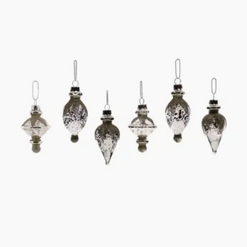 Antique Silver Glittered Ornaments / set 6