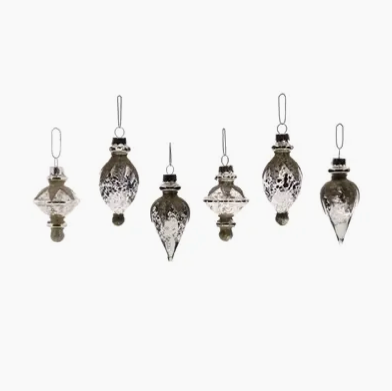 Antique Silver Glittered Ornaments / set 6