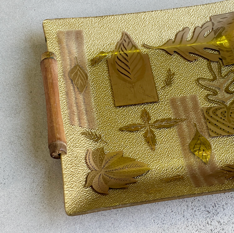 MCM Colony Glass Leaf Tray wth Teak Handle