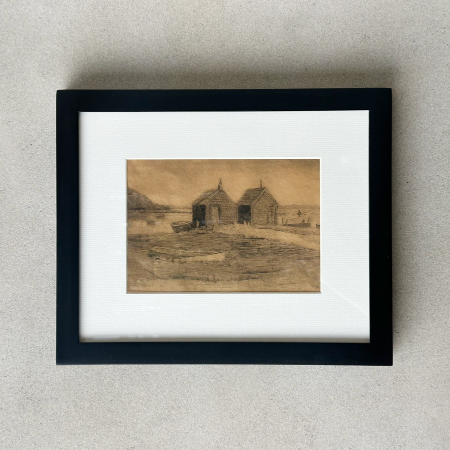 Vintage Framed Boathouse Etching