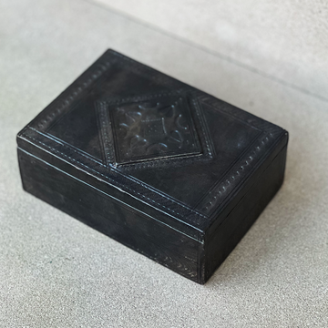 Vintage Tooled Black Leather African Hinged Lid Box