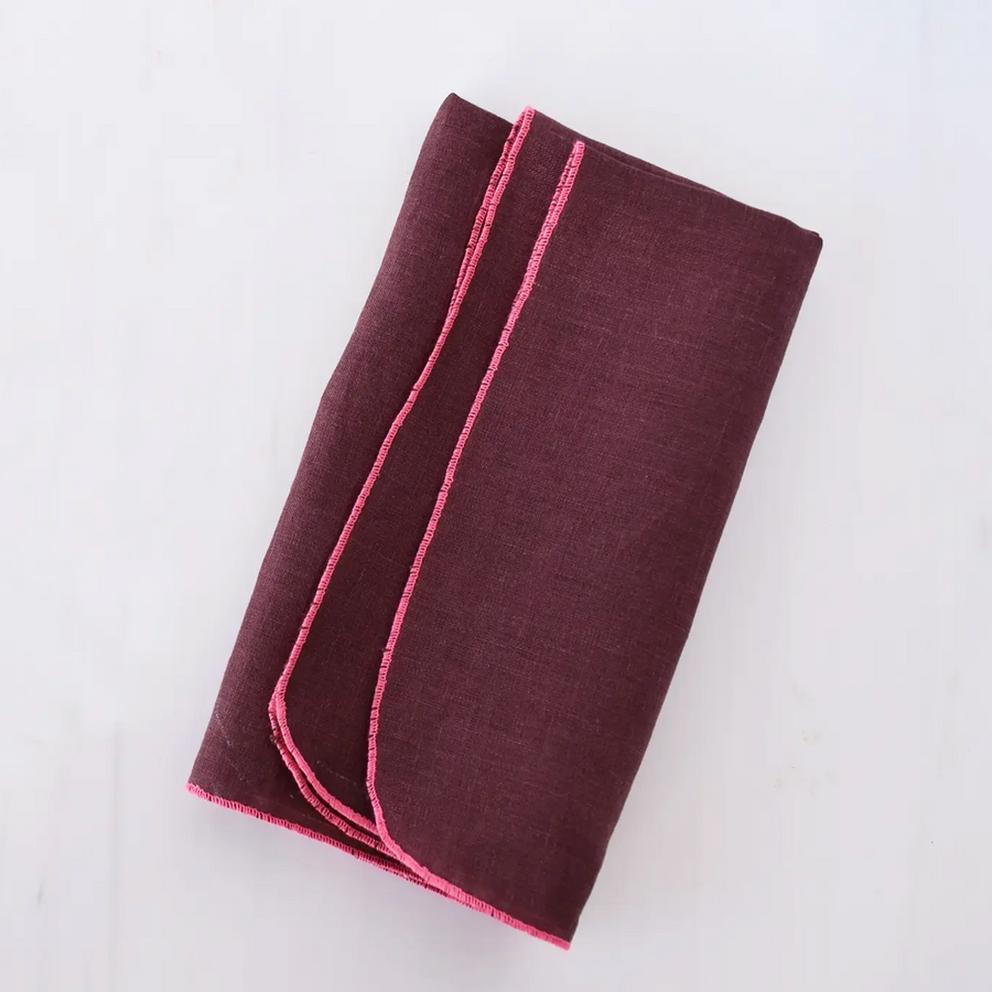 Raspberry Linen Napkins with Pink Stitching