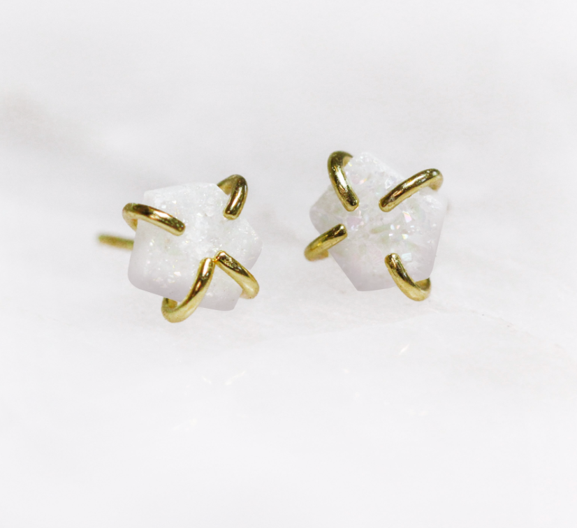 White Druzy Prong Earrings